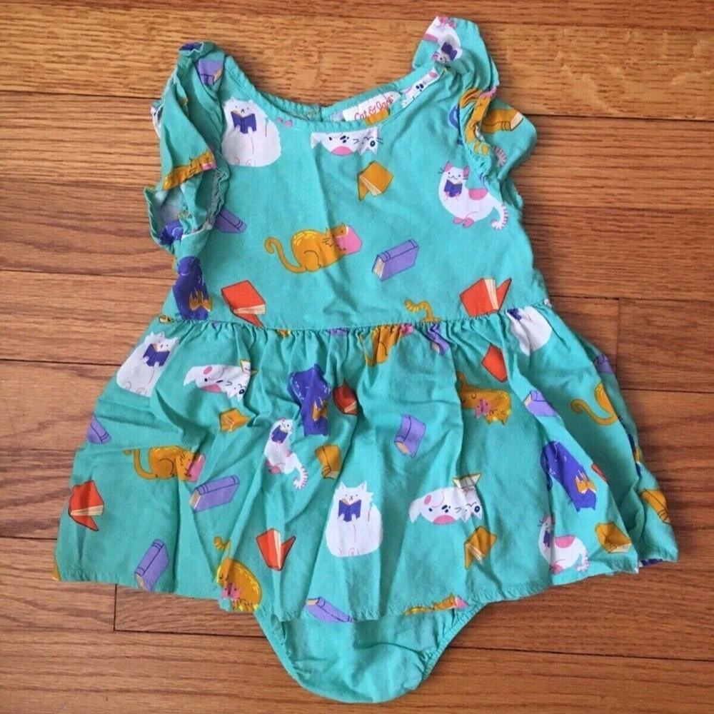Cat & Jack 12M Flowy Library Cats Dress & Diaper Cover Silly Short Sleeve Books